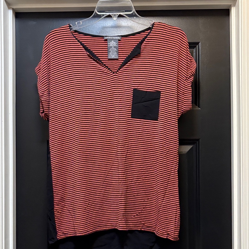 Orange and Black Striped V-Neck Top